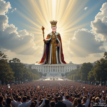 Crowd before a giant crowned statue glowing with sun rays over the White House and Capitol