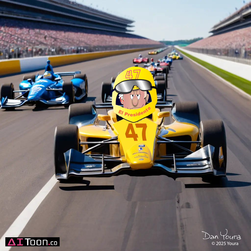 Cartoon yellow race car #47 leads on an Indy-style track, with cars behind and grandstands on both sides