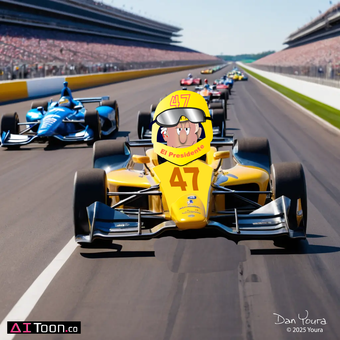 Cartoon yellow race car #47 leads on an Indy-style track, with cars behind and grandstands on both sides