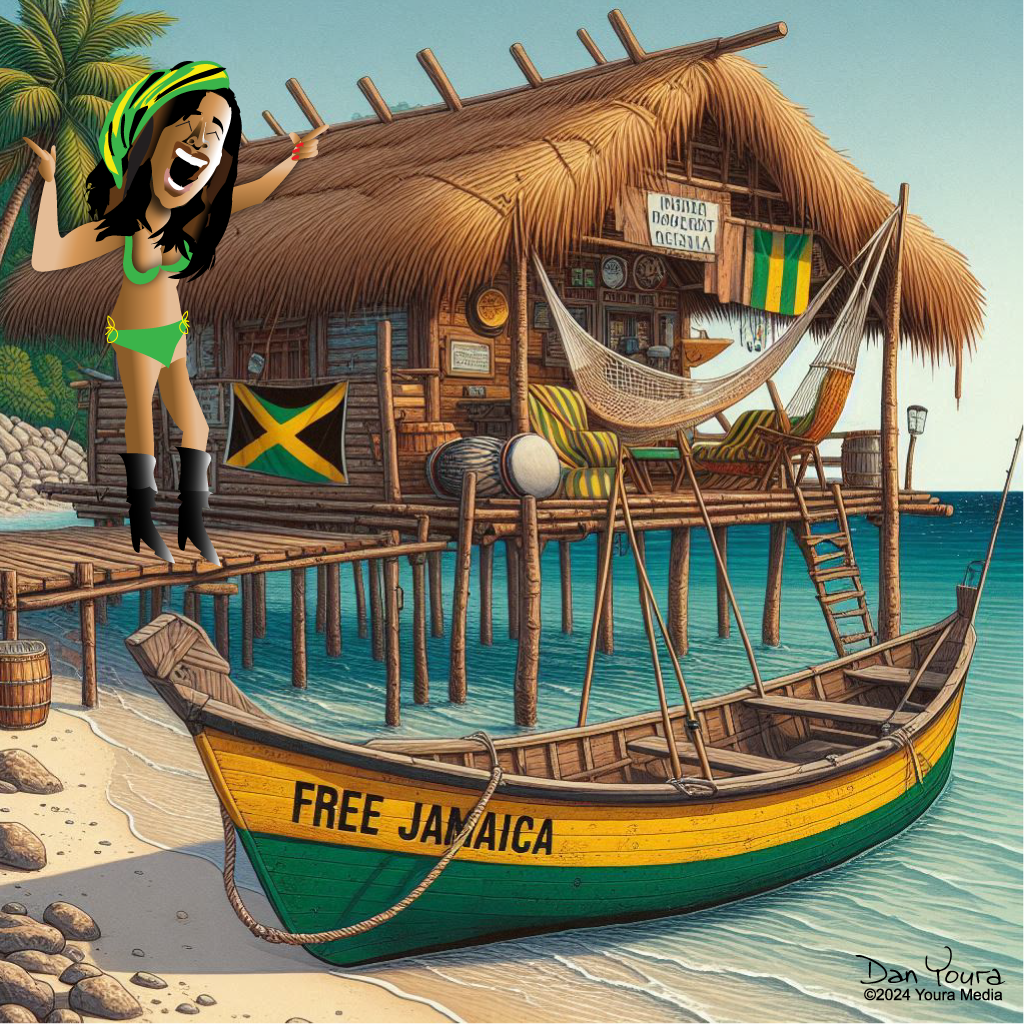 Tropical stilt hut and boat with “FREE JAMAICA” on the bow, beside a Jamaican flag and hammock.