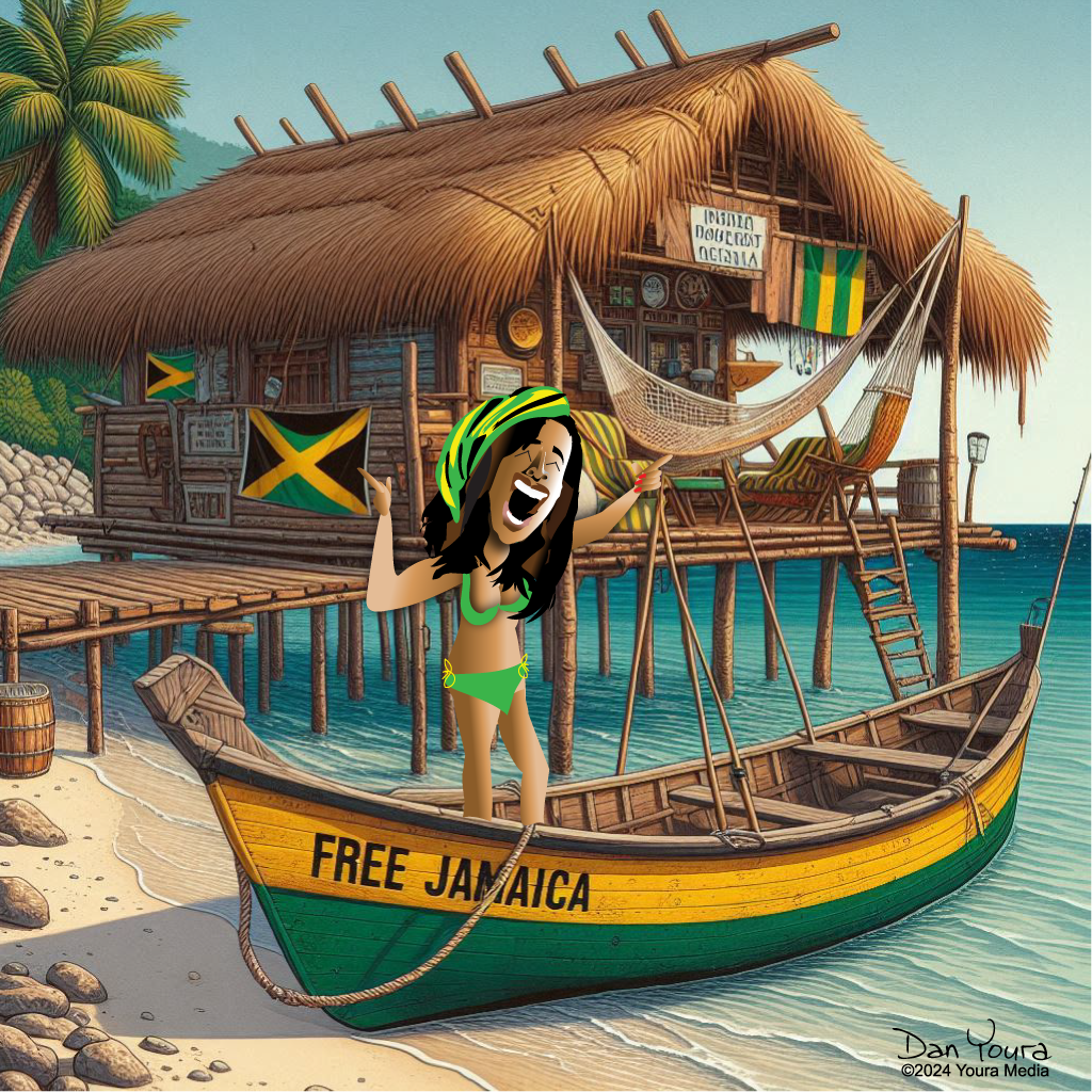 Woman in green bikini on a Jamaica-themed boat by a tropical beach hut over turquoise water