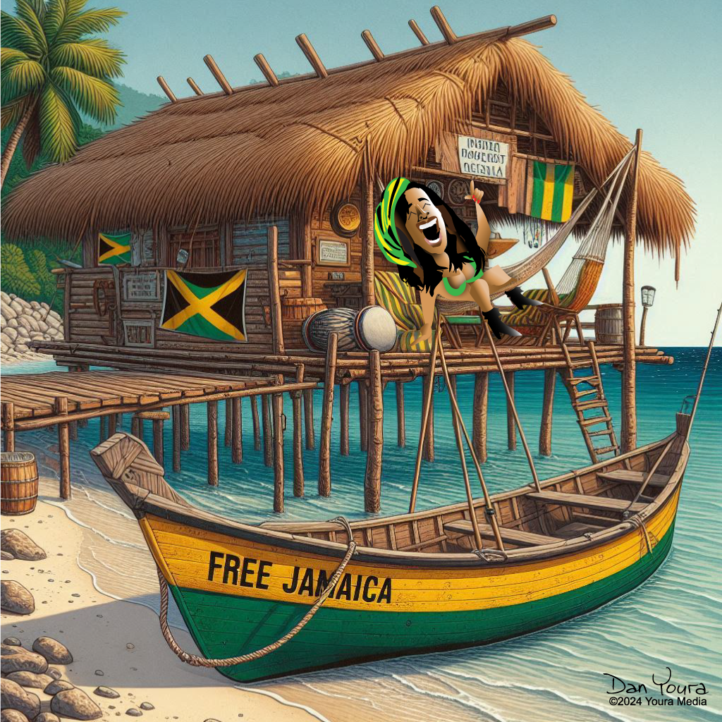 Thatched hut on stilts over turquoise water, with Jamaican flag colors and a “FREE JAMAICA” boat in front.
