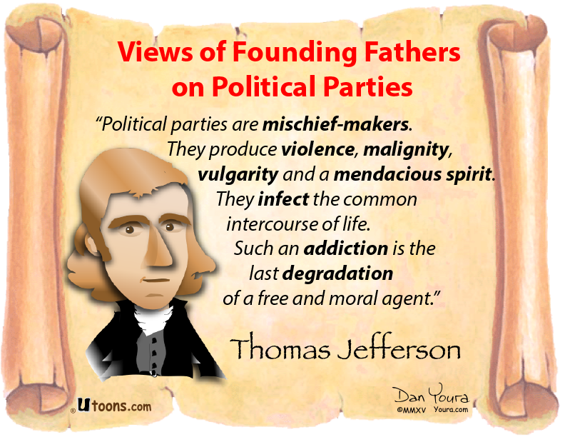 Thomas Jefferson caricature with quote on political parties, parchment-style background.