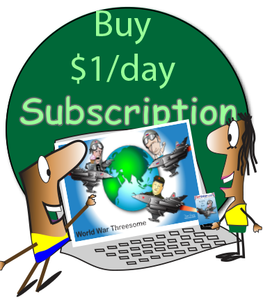 Green ad reading “Buy $1/day Subscription” over a laptop with world map and cartoon characters.