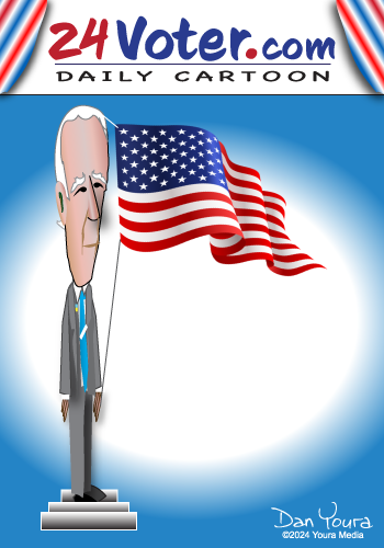 Cartoon of a tall man on a pedestal beside a waving U.S. flag on a blue background.