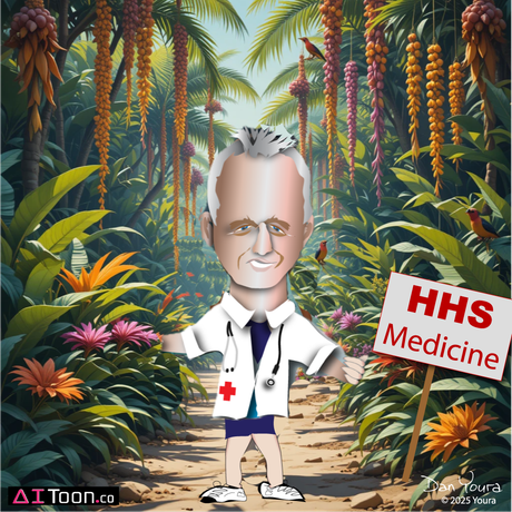 Cartoon doctor in a tropical jungle holding a “HHS Medicine” sign, with a small red cross on his coat.