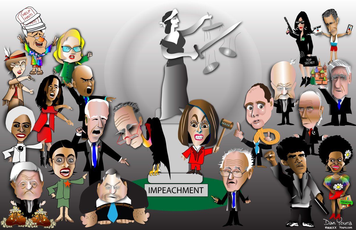 Cartoon crowd of diverse people gathered around a central figure on a stage labeled “IMPEACHMENT”