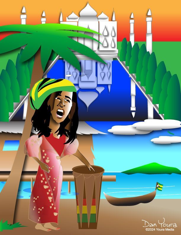 Woman in red dress carrying a basket by a river with a blue castle and palms in the background