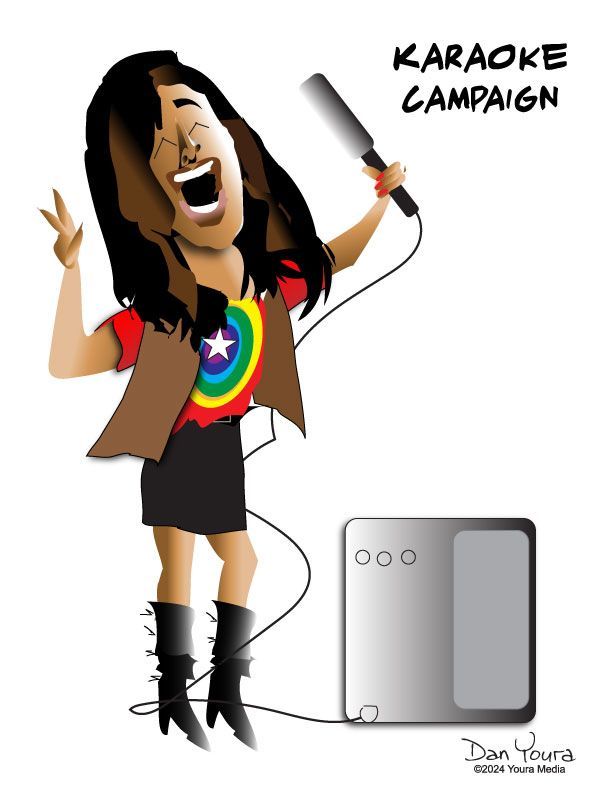 Cartoon singer holding a microphone, wearing a rainbow shirt; text reads “Karaoke Campaign.”