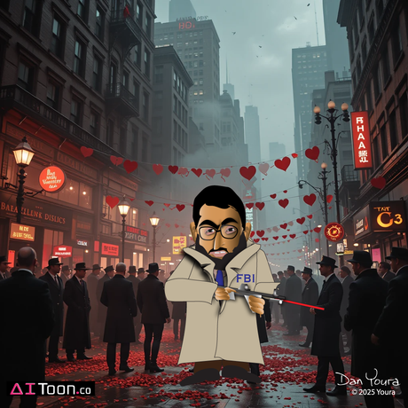 Cartoon FBI agent in a beige coat stands in a rainy neon-lit city street with red hearts overhead.