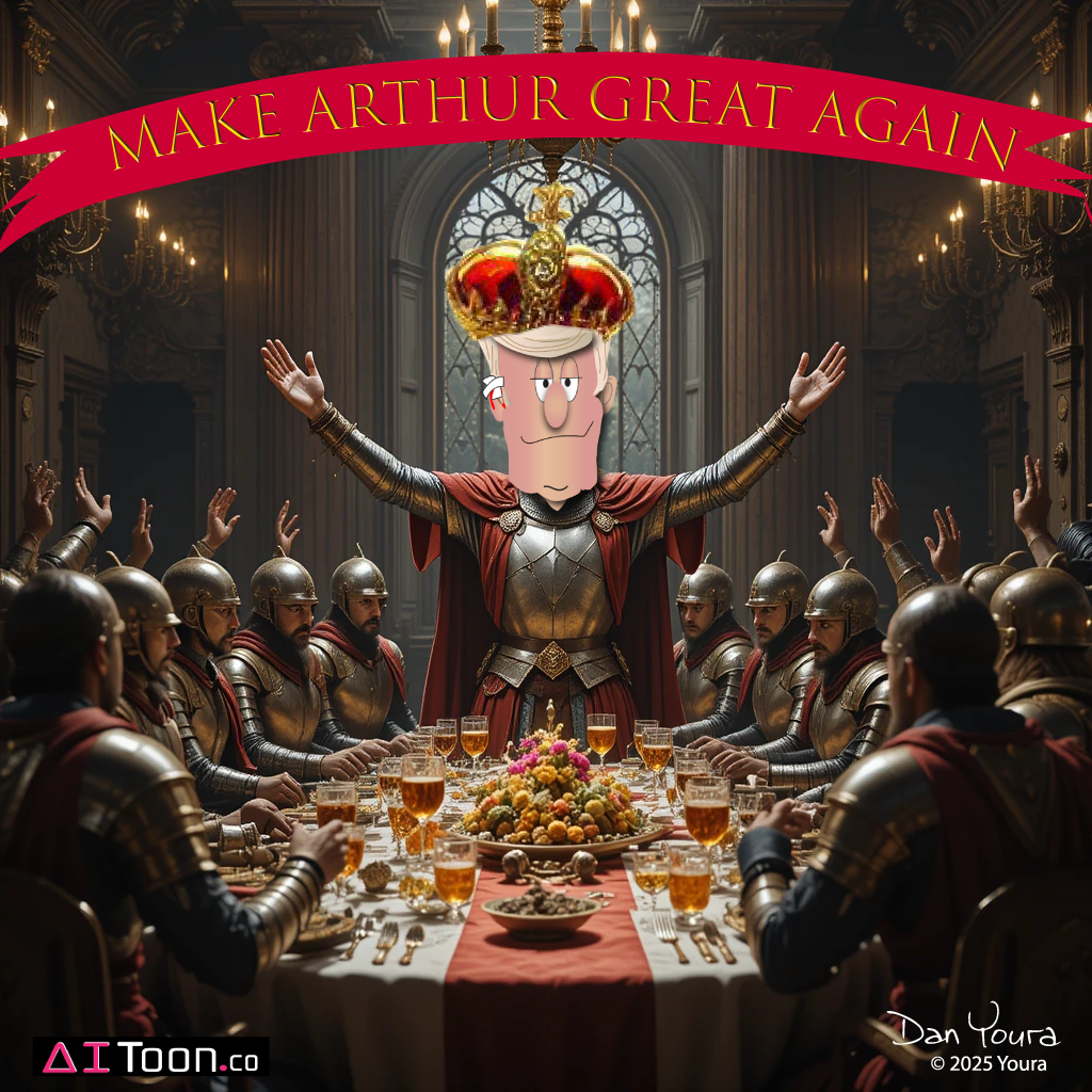 Cartoon king at a banquet table with armored guards under a red “MAKE ART LOOK GREAT AGAIN” banner