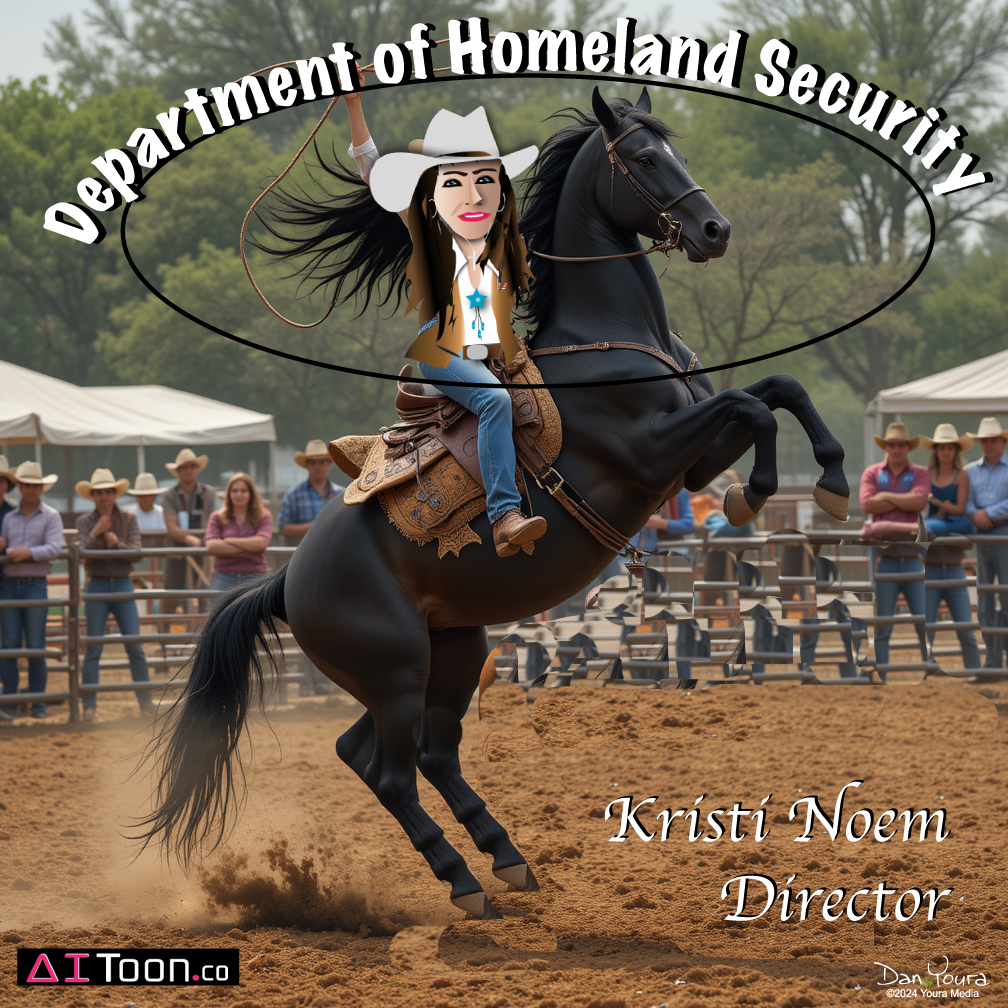 Cartoon of a woman riding a rearing black horse at a rodeo, with “Department of Homeland Security” and “Kristi Noem Director” text.