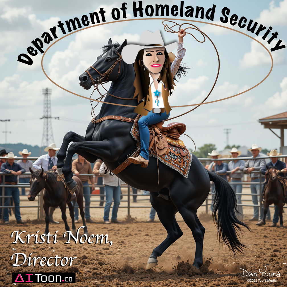 Woman rides black horse in rodeo arena, with “Department of Homeland Security” and “Kristi Noem Director” text.
