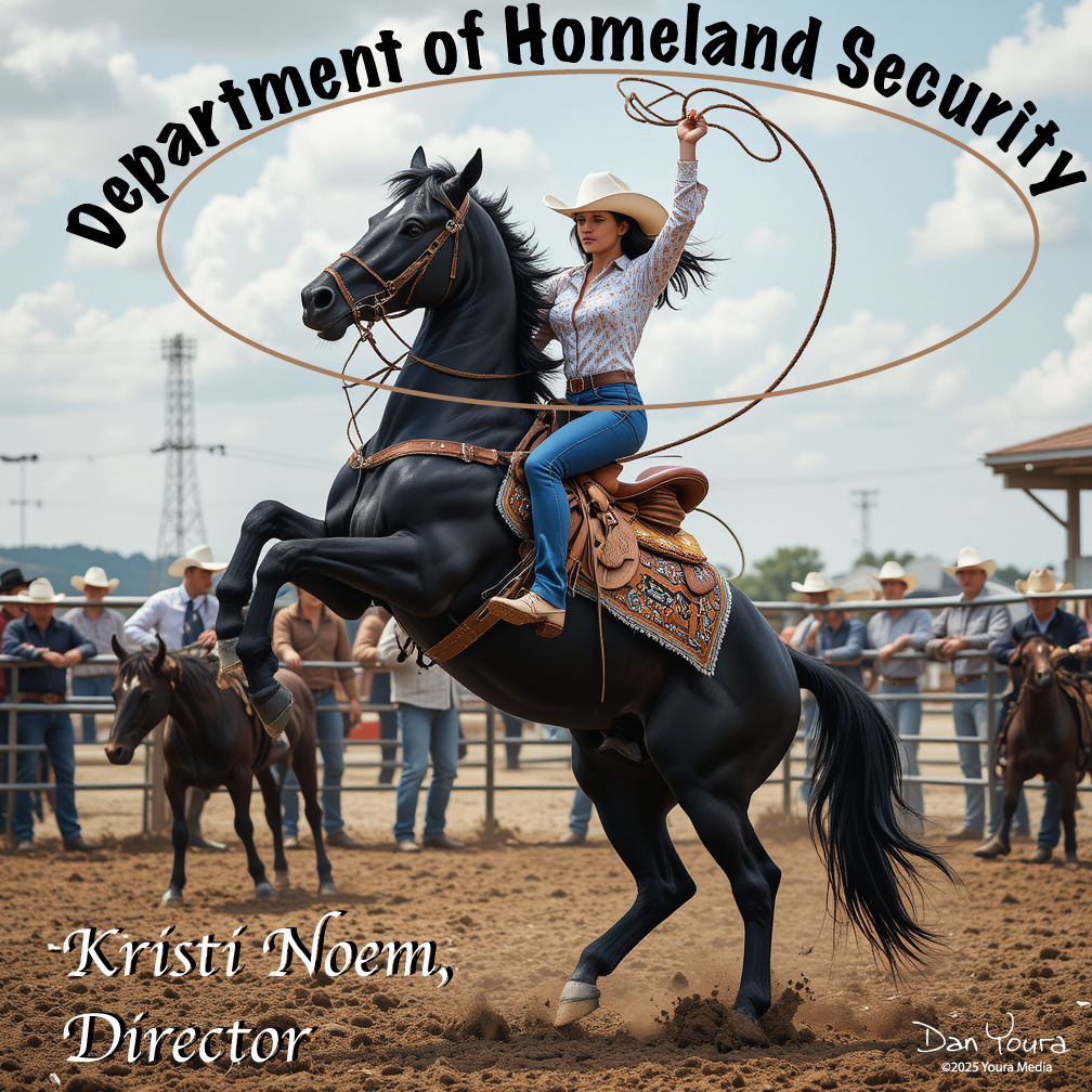 Kristi Noem rides a rearing black horse in a rodeo arena, with “Department of Homeland Security” text above.