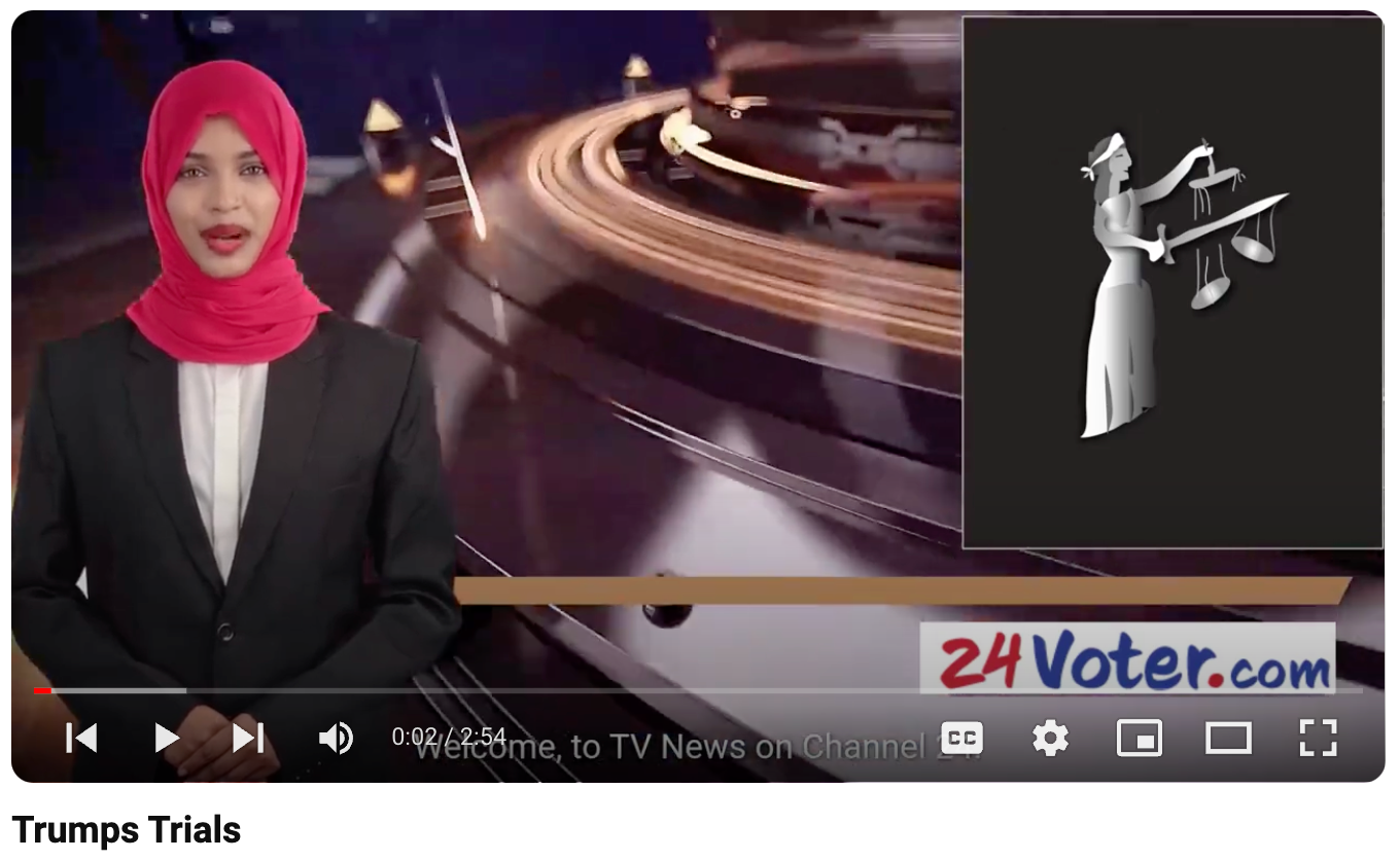 News anchor in red hijab on TV news screen beside a robotic hand graphic and light trails
