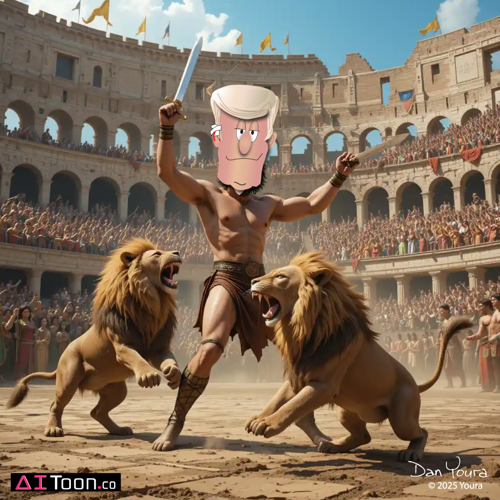 Cartoon gladiator with pink face and sword fights two lions in a packed ancient arena.