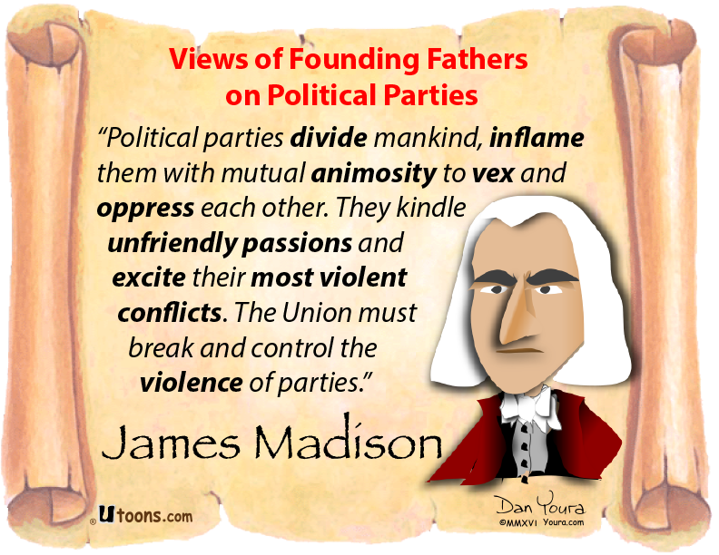 Illustrated James Madison quote on political parties, with parchment background and cartoon portrait.