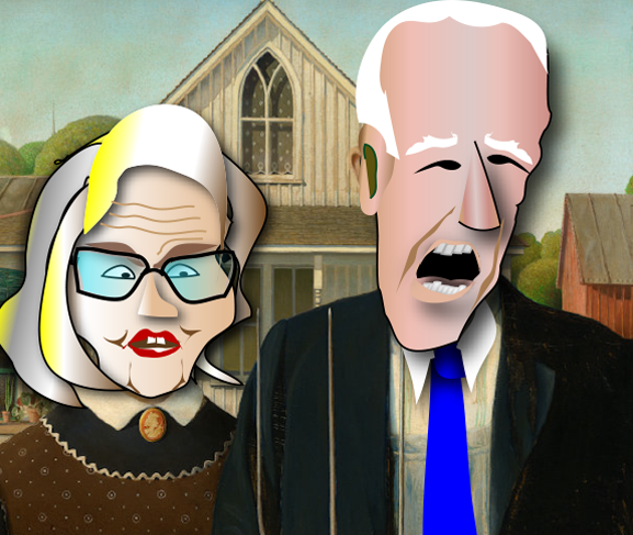 Caricature of two people in front of a church, one with glasses and gray hair, the other speaking.