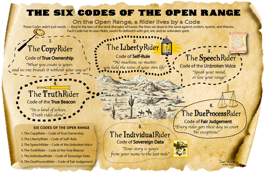 Poster titled “The Six Codes of the Open Range” on aged parchment with six labeled code sections and a central map