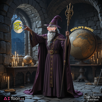 Wizard in a stone chamber, casting a glowing spell beside a globe labeled “Merlin’s Magic.”