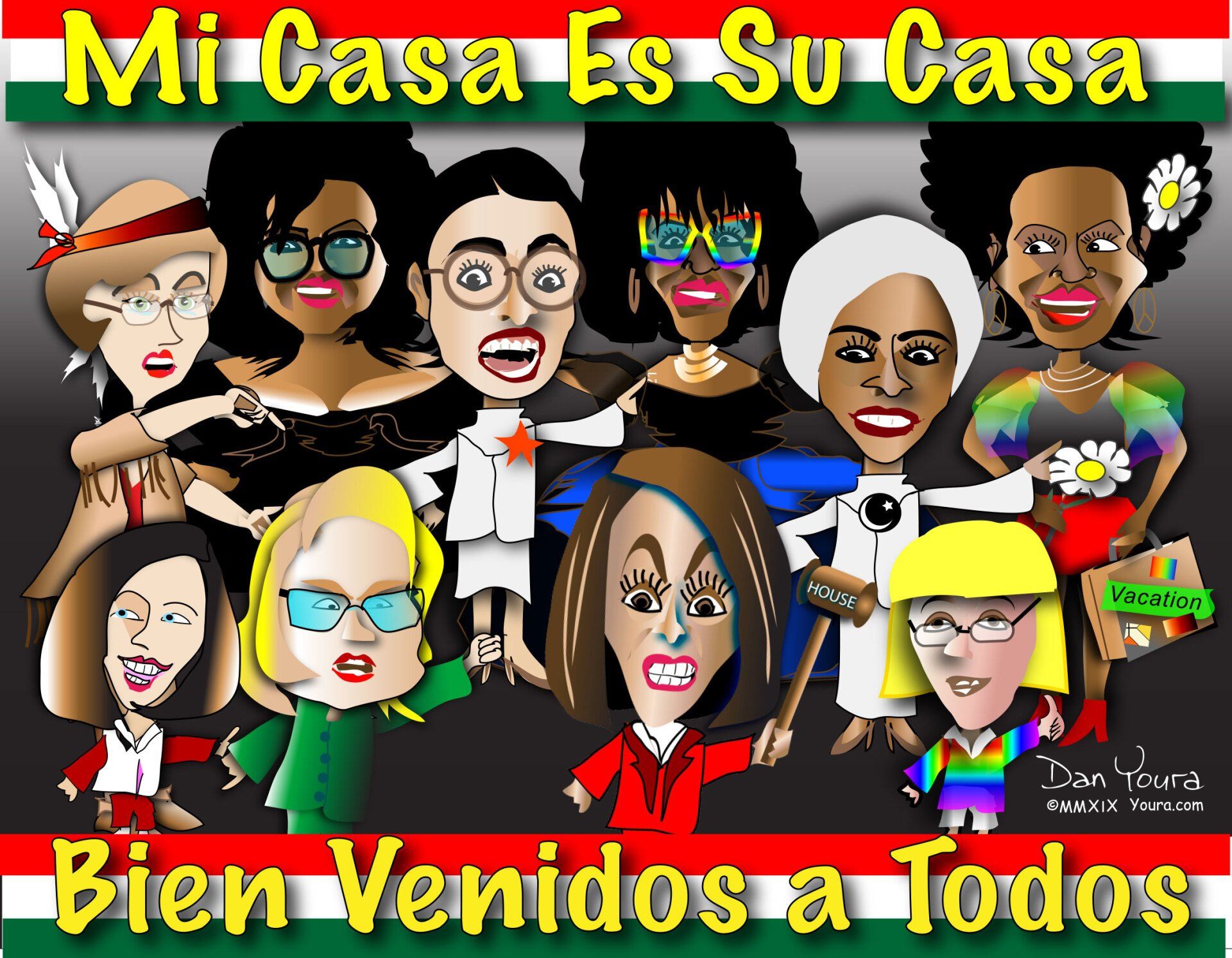 Illustrated group portrait with Spanish text: “Mi Casa Es Su Casa” and “Bien Venidos a Todos.”