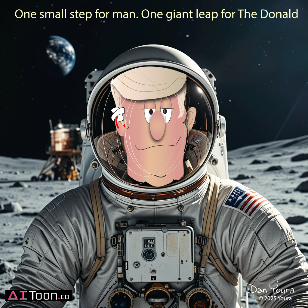 Cartoon astronaut with Trump-like face on the moon under a starry sky, with the Earth in the background.