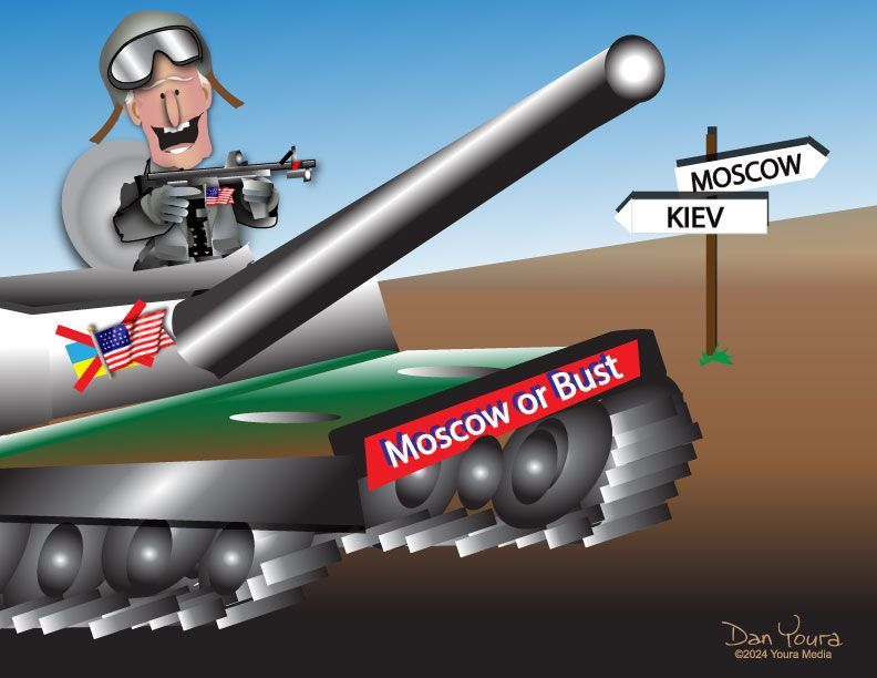 Cartoon tank with “Moscow or Bust” sign aiming toward Kyiv and Moscow, with a soldier atop the turret