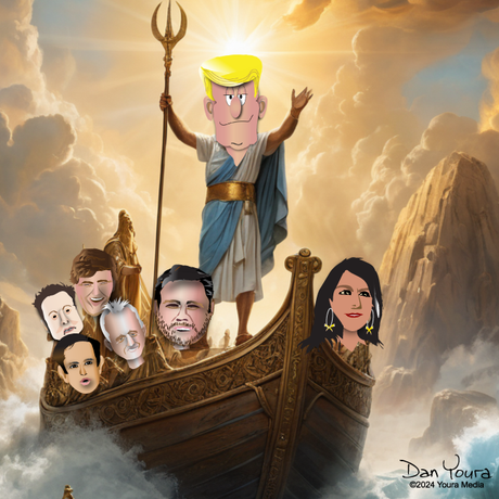Cartoon boat with a trident-wielding blond figure in a golden sky, surrounded by caricatured faces.