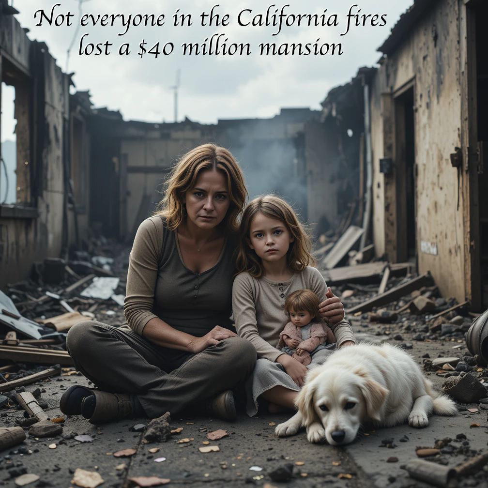 Woman and child sit amid wildfire ruins with a small dog in front of a destroyed house.