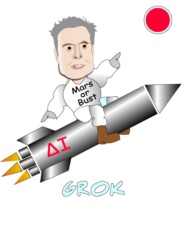 Cartoon man riding a rocket labeled “Mars Bust,” with red dot and “GROK” text below.