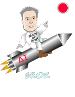 Cartoon man riding a rocket labeled “Mars Bust,” with red dot and “GROK” text below.