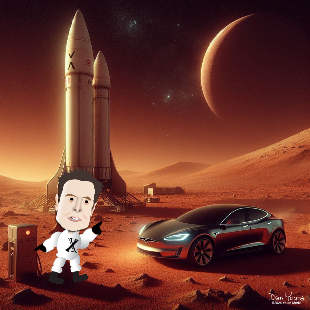 Cartoon astronaut beside a sleek black car on a red Mars-like landscape with rockets and planets in the sky
