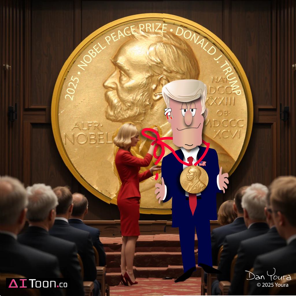 Donald Trump receiving a Nobel Peace Prize medal from a woman on a stage before an audience