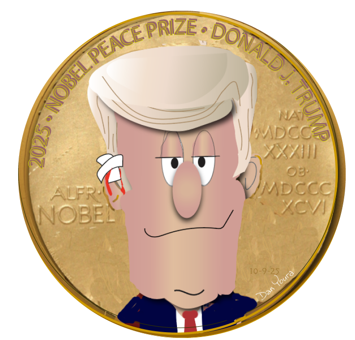 Caricature on a gold Nobel Peace Prize medal background, featuring Donald Trump with a stern expression.