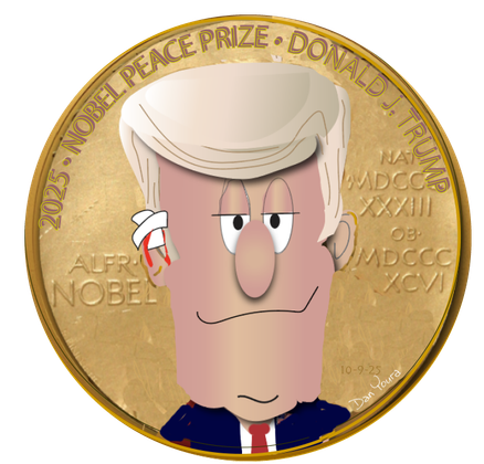 Caricature on a gold Nobel Peace Prize medal background, featuring Donald Trump with a stern expression.