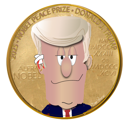 Caricature on a gold Nobel Peace Prize medal background, featuring Donald Trump with a stern expression.
