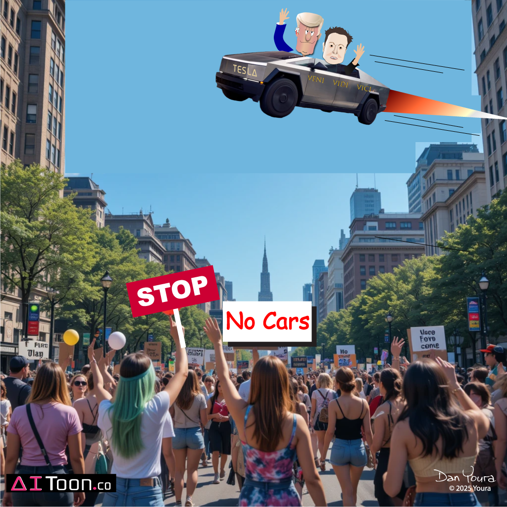 Crowd marching on city street with STOP and No Cars signs, while a cartoon flying car zooms overhead.