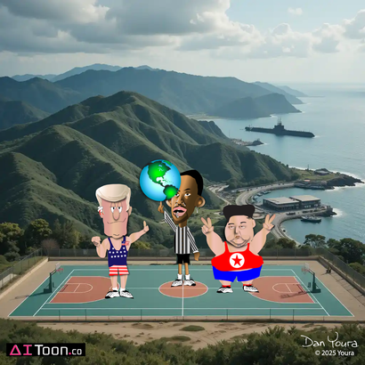 Three cartoon figures dance on a rooftop court overlooking a coastal mountain bay with a large ship.