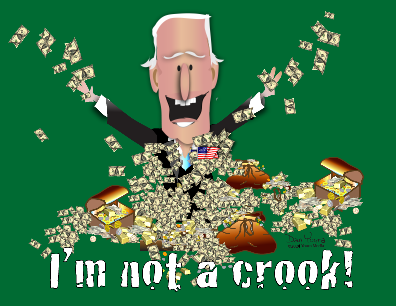 Cartoon politician with money flying around and the text “I’m not a crook!”