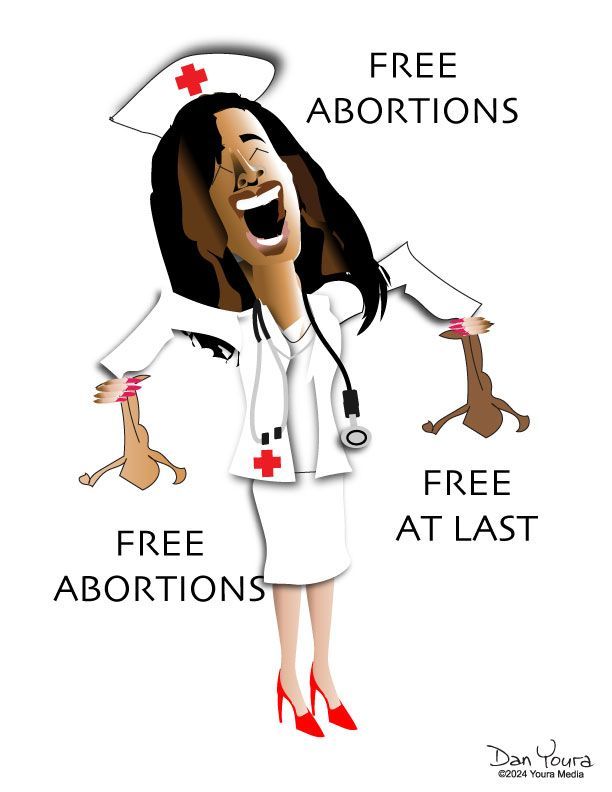 Cartoon of a smirking nurse in white uniform holding a bloody severed limb, with “FREE ABORTIONS” text.