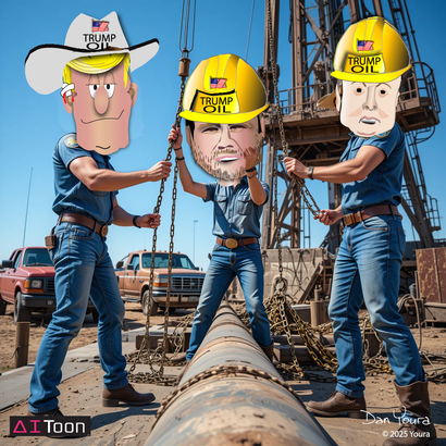 Three cartoon workers in hard hats on a pipeline, one holding a wrench, at an oilfield site.
