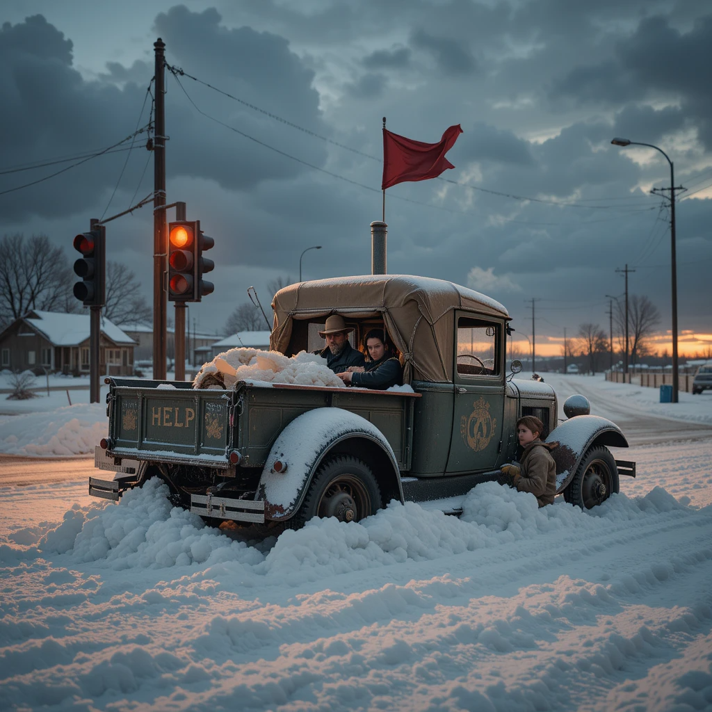 Stranded vintage truck in deep snow by a red flag and traffic light, with people peering out for help