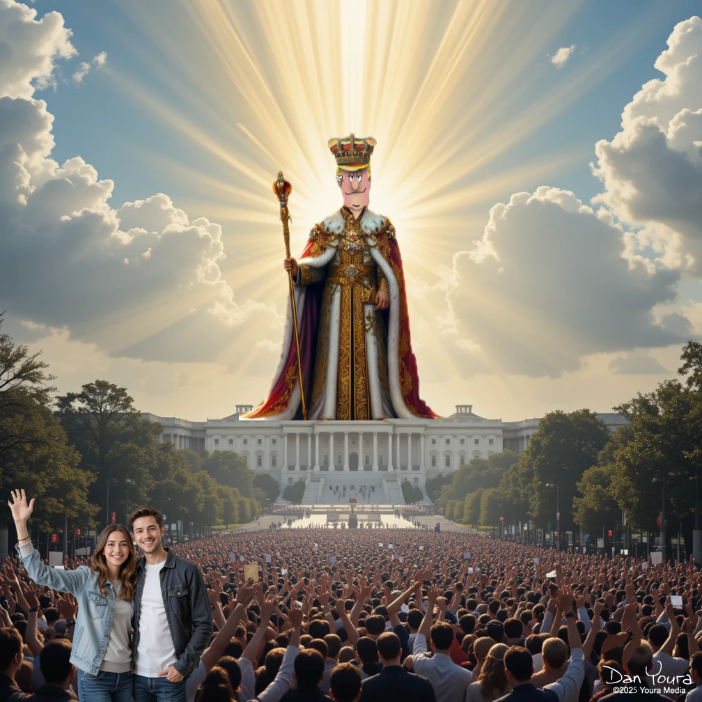Massive crowd before the Lincoln Memorial with a towering crowned figure in gold robes rising behind it
