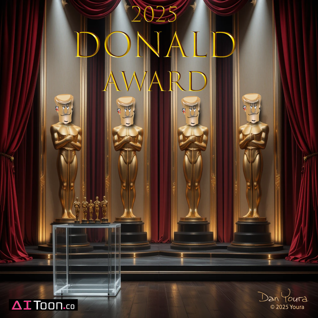 Golden stage with red curtains and four trophies labeled “2025 Donald Award” over a black floor.