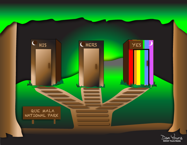 Cartoon of three doors labeled HES, KCSS, and YES at Que Hala National Park, with stairs leading up.