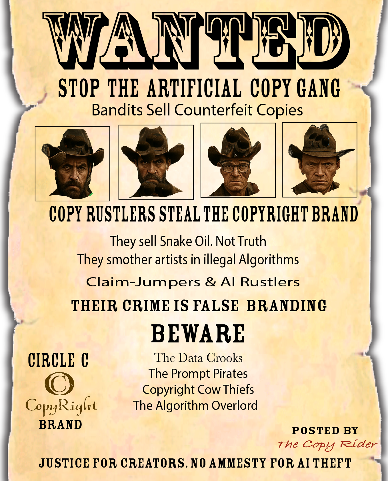 Vintage wanted poster warning against artificial copy gangs and counterfeit copyrights.