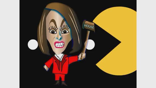 Cartoon character in a red suit holding a small sign beside a yellow Pac-Man shape on a black background