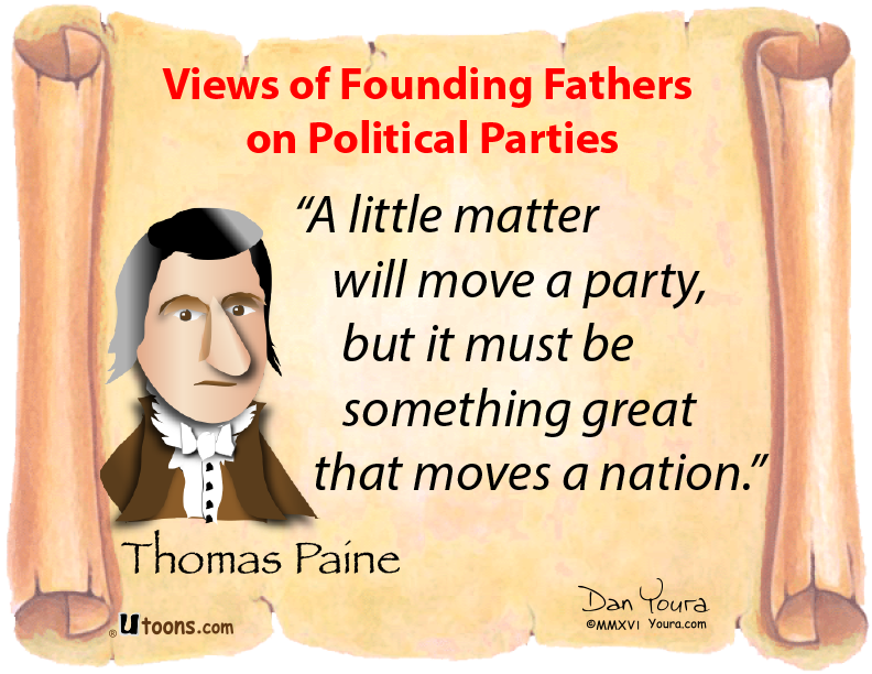 Thomas Paine quote on political parties with cartoon portrait and parchment-style background