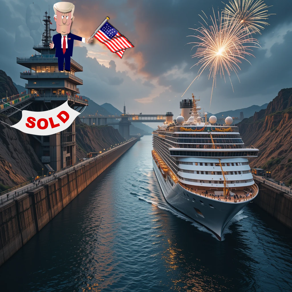 Cruise ship sails past a castle wall and fireworks, with a Trump figure and “SOLD” sign overhead