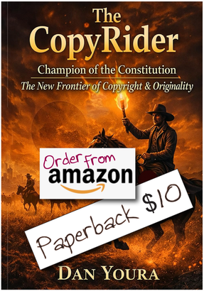 Book cover for “The CopyRider” with a cowboy silhouette, fiery background, and “Order from amazon” and “Paperback $10” notes